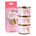 SCHESIR KITTEN BABY 2 TEXTURAS POLLO, SALMÓN E HÍGADO - Caja 3 X 55 Gr